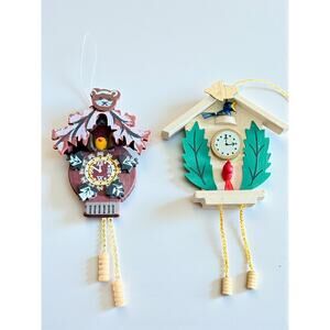 Vintage Cuckoo Clock Ornaments Pair-Black Forest Style-Wood Christmas Decor-Tree